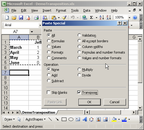 Microsoft Excel Transpose