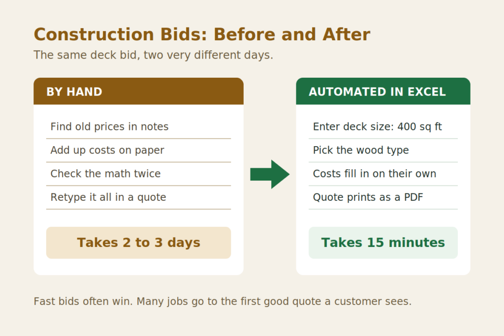 Infographic comparing hand-built bids vs Excel automation: two cards listing steps and a green arrow between, with a take-time badge on each side.
